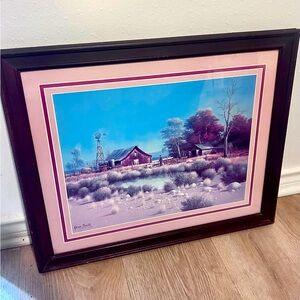 Vintage Gene Speck Art Wood Framed Print Country Landscape, Farmer and his dog
